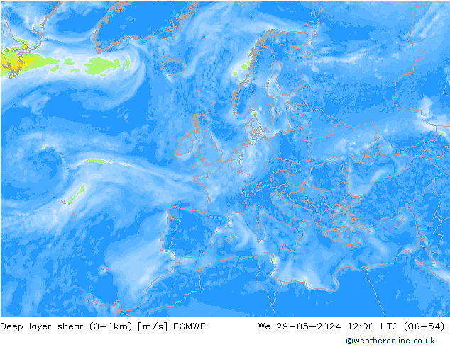 Deep layer shear (0-1km) ECMWF wo 29.05.2024 12 UTC