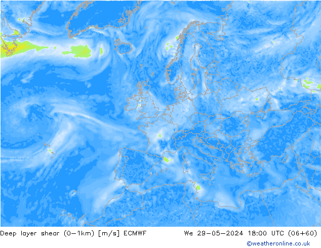 Deep layer shear (0-1km) ECMWF We 29.05.2024 18 UTC