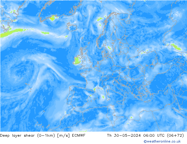 Deep layer shear (0-1km) ECMWF Qui 30.05.2024 06 UTC