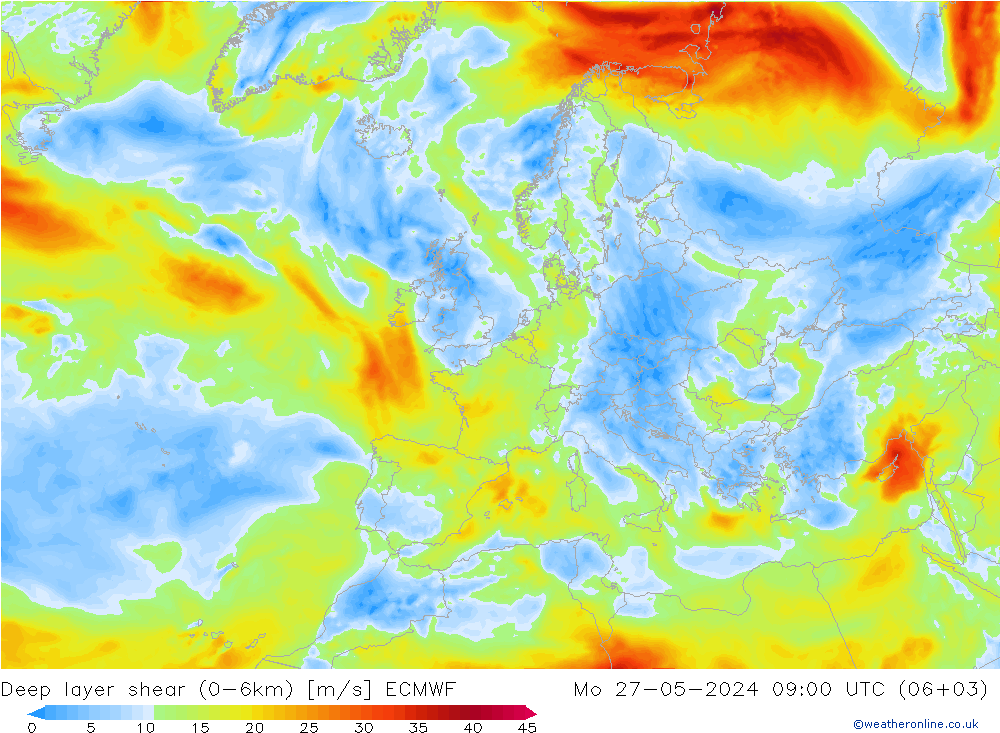 Deep layer shear (0-6km) ECMWF Seg 27.05.2024 09 UTC