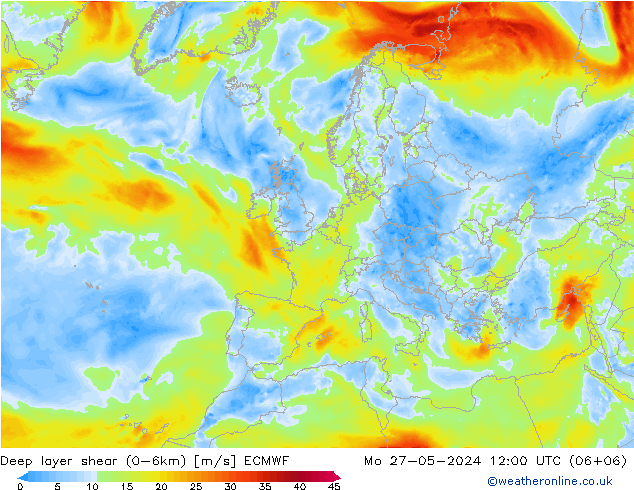 Deep layer shear (0-6km) ECMWF  27.05.2024 12 UTC