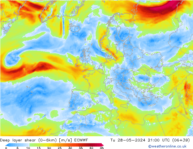 Deep layer shear (0-6km) ECMWF wto. 28.05.2024 21 UTC