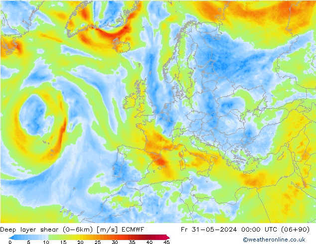 Deep layer shear (0-6km) ECMWF ven 31.05.2024 00 UTC