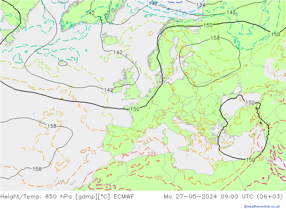 Height/Temp. 850 hPa ECMWF Mo 27.05.2024 09 UTC