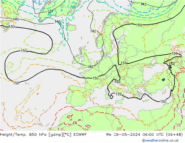 Hoogte/Temp. 850 hPa ECMWF wo 29.05.2024 06 UTC