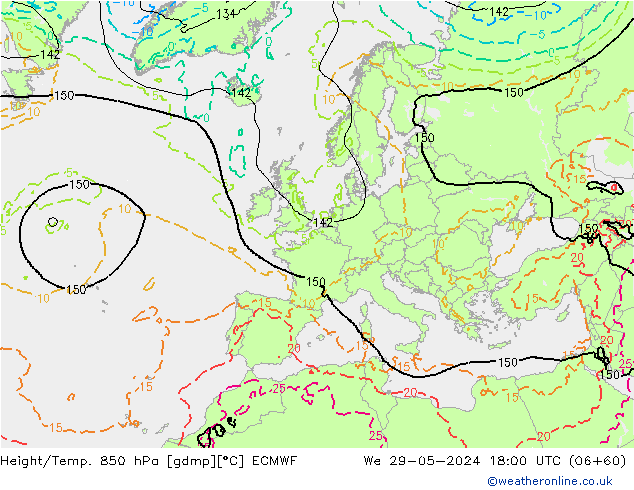 Height/Temp. 850 hPa ECMWF mer 29.05.2024 18 UTC