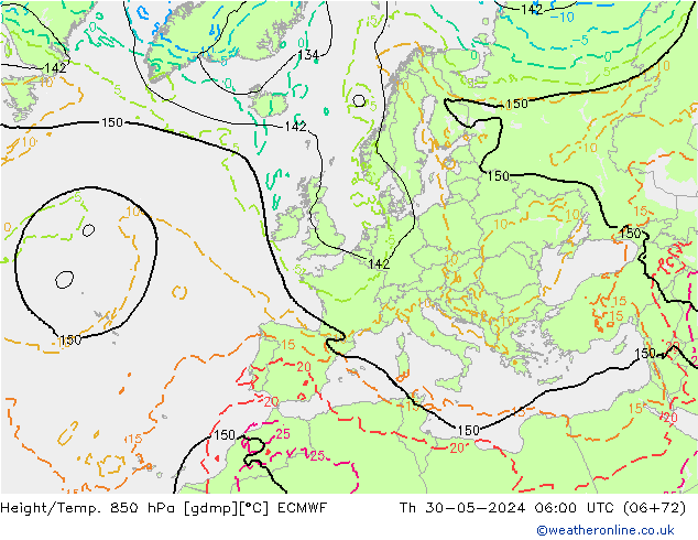Z500/Rain (+SLP)/Z850 ECMWF gio 30.05.2024 06 UTC