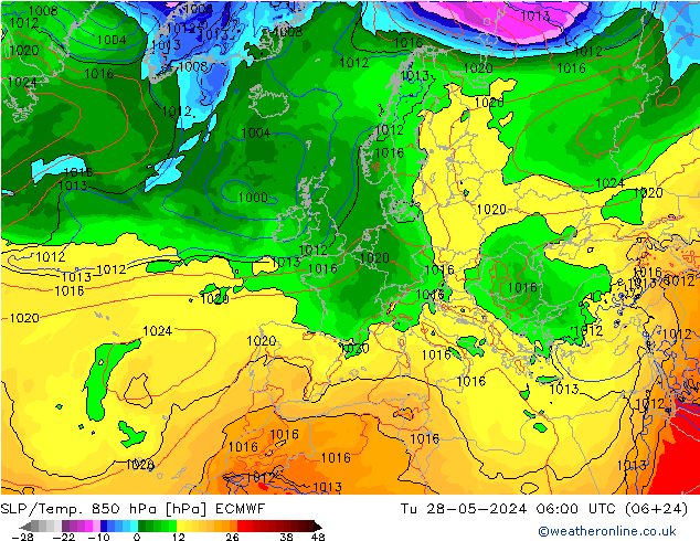 SLP/Temp. 850 hPa ECMWF wto. 28.05.2024 06 UTC