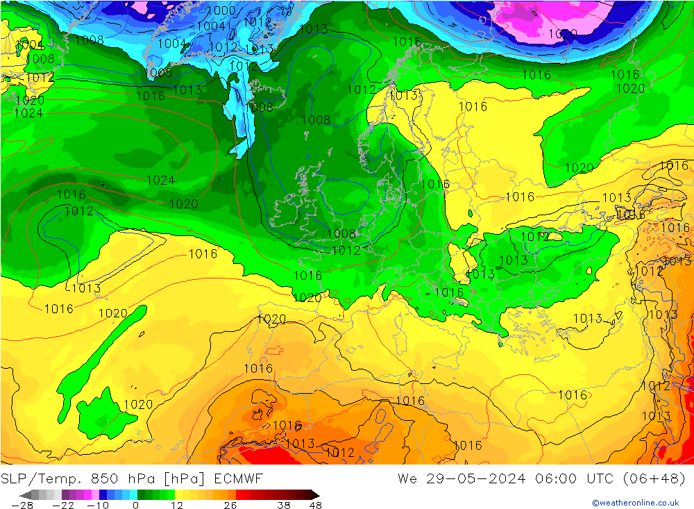 SLP/Temp. 850 hPa ECMWF mié 29.05.2024 06 UTC