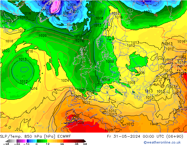 SLP/Temp. 850 hPa ECMWF vr 31.05.2024 00 UTC