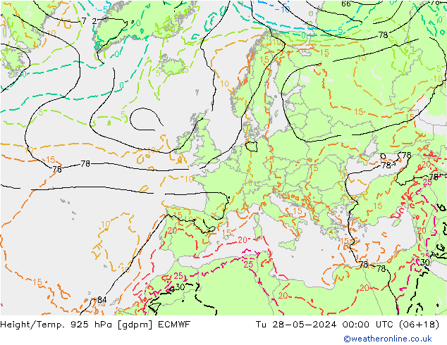 Height/Temp. 925 hPa ECMWF Tu 28.05.2024 00 UTC