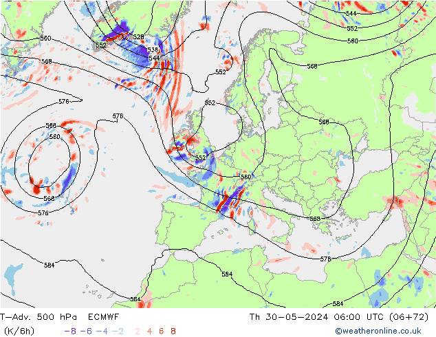 T-Adv. 500 hPa ECMWF Do 30.05.2024 06 UTC