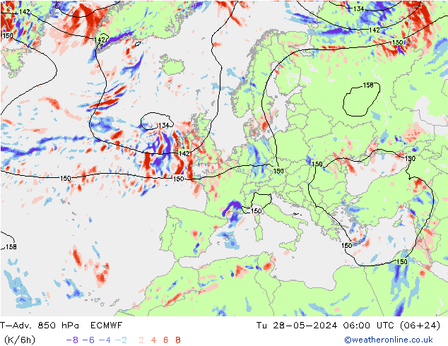 T-Adv. 850 hPa ECMWF Út 28.05.2024 06 UTC