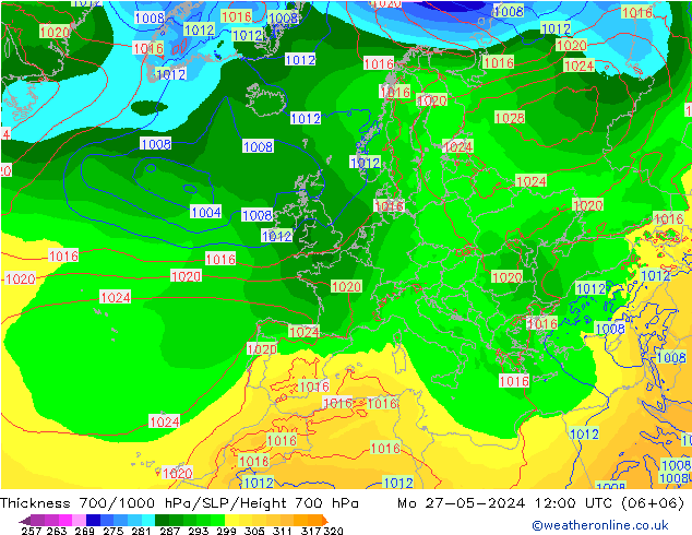 Thck 700-1000 hPa ECMWF Mo 27.05.2024 12 UTC