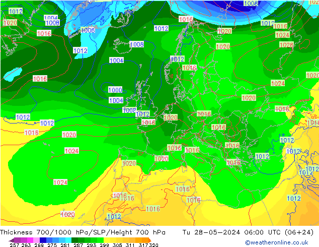 Schichtdicke 700-1000 hPa ECMWF Di 28.05.2024 06 UTC