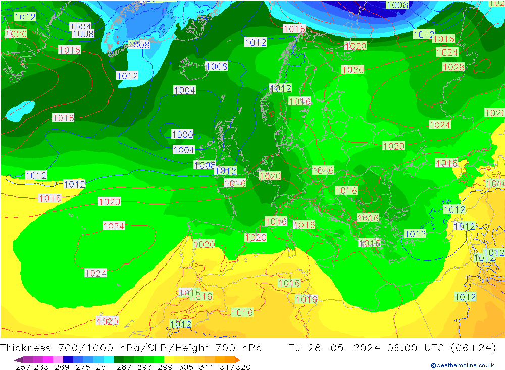 Thck 700-1000 hPa ECMWF Tu 28.05.2024 06 UTC