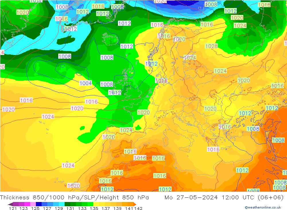 Dikte 850-1000 hPa ECMWF ma 27.05.2024 12 UTC