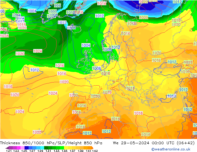 Espesor 850-1000 hPa ECMWF mié 29.05.2024 00 UTC