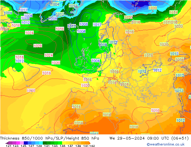 Thck 850-1000 hPa ECMWF mer 29.05.2024 09 UTC