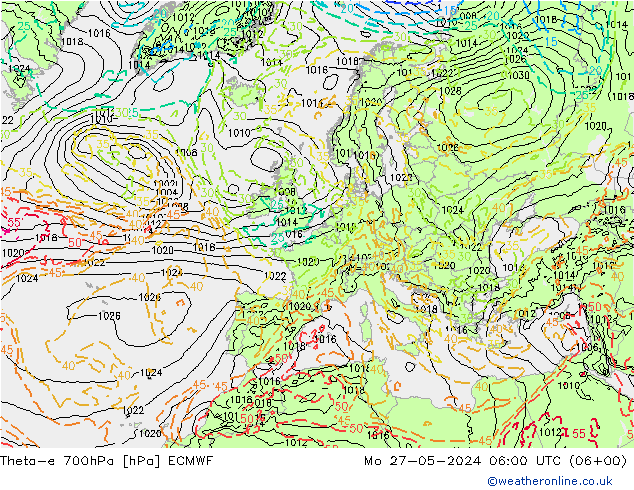 Theta-e 700hPa ECMWF Mo 27.05.2024 06 UTC