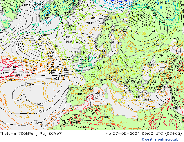 Theta-e 700hPa ECMWF lun 27.05.2024 09 UTC