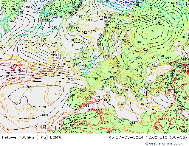 Theta-e 700hPa ECMWF pon. 27.05.2024 12 UTC