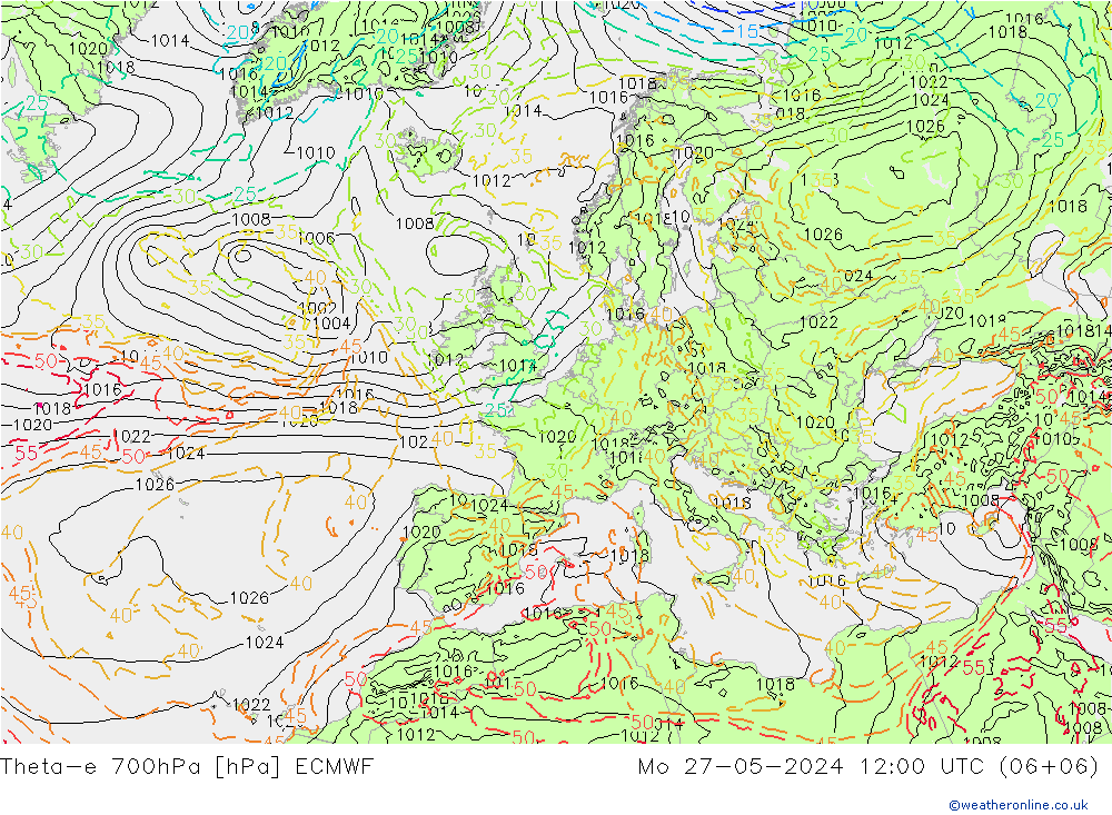 Theta-e 700hPa ECMWF Pzt 27.05.2024 12 UTC