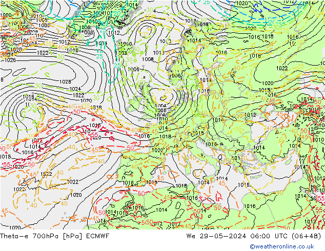 Theta-e 700hPa ECMWF Qua 29.05.2024 06 UTC