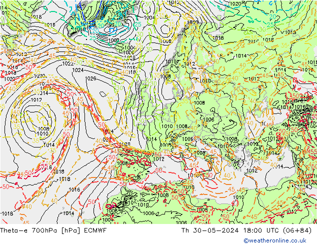 Theta-e 700hPa ECMWF Th 30.05.2024 18 UTC