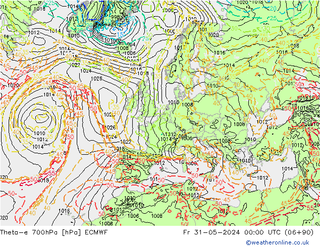 Theta-e 700hPa ECMWF Cu 31.05.2024 00 UTC