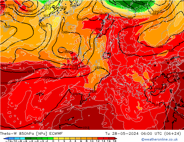 Theta-W 850гПа ECMWF вт 28.05.2024 06 UTC