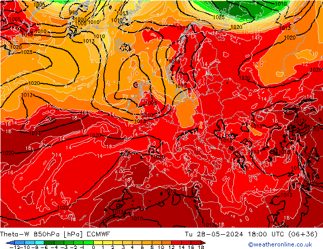 Theta-W 850hPa ECMWF Tu 28.05.2024 18 UTC