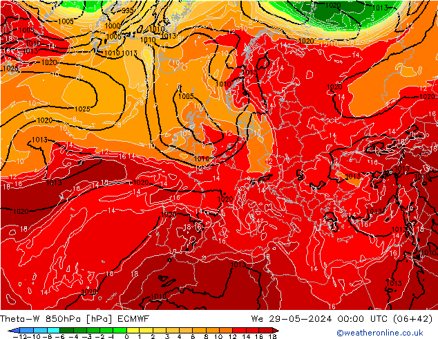 Theta-W 850hPa ECMWF mié 29.05.2024 00 UTC