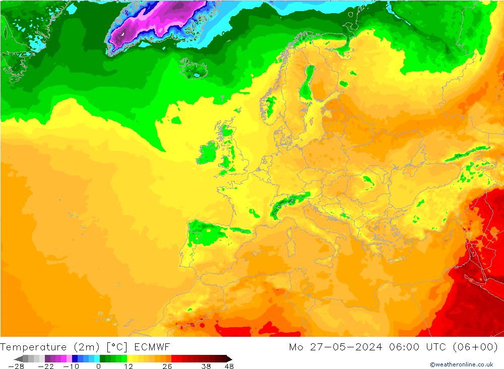 Temperatuurkaart (2m) ECMWF ma 27.05.2024 06 UTC