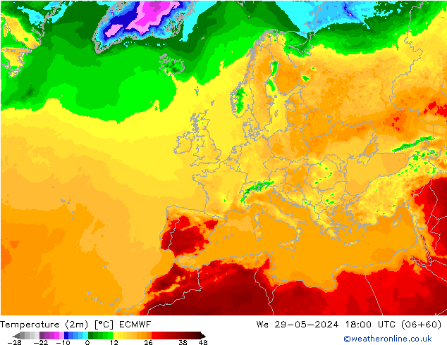 Temperature (2m) ECMWF We 29.05.2024 18 UTC