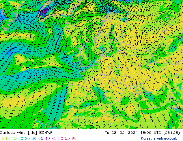 Vent 10 m ECMWF mar 28.05.2024 18 UTC