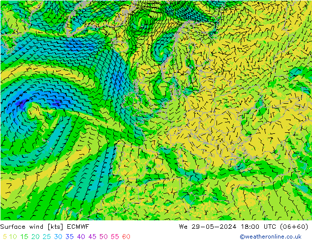 Vento 10 m ECMWF Qua 29.05.2024 18 UTC