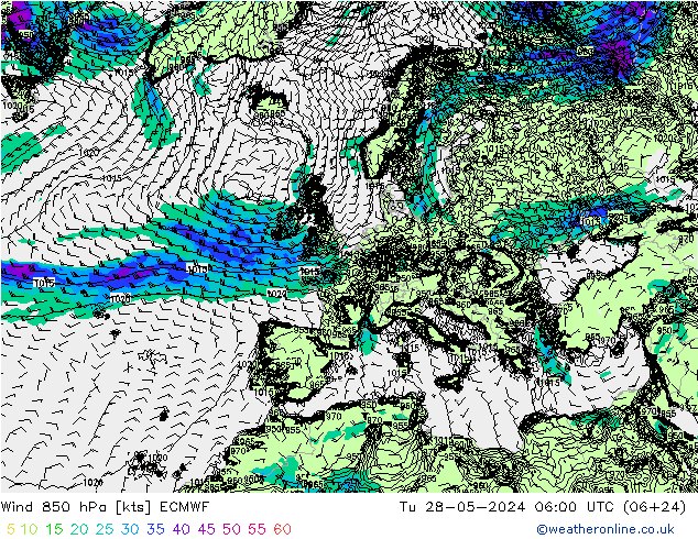 wiatr 850 hPa ECMWF wto. 28.05.2024 06 UTC
