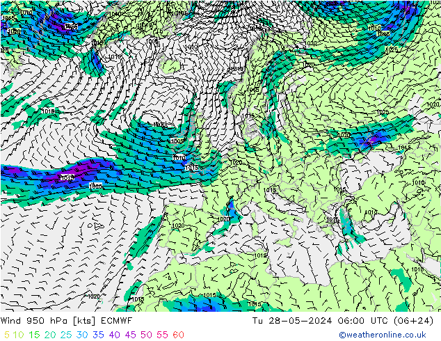 Wind 950 hPa ECMWF Tu 28.05.2024 06 UTC