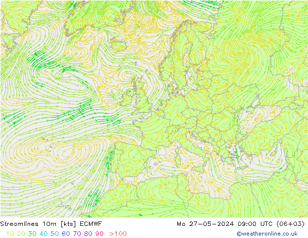 Streamlines 10m ECMWF Mo 27.05.2024 09 UTC