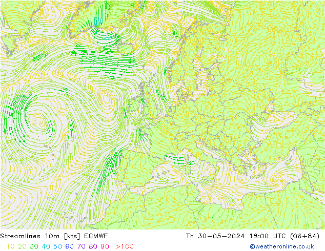 Stroomlijn 10m ECMWF do 30.05.2024 18 UTC