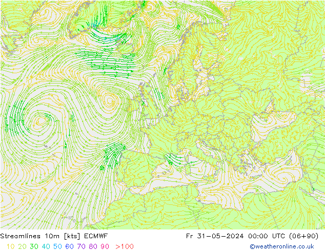 Linia prądu 10m ECMWF pt. 31.05.2024 00 UTC