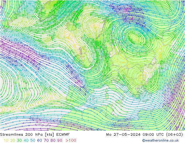 Linia prądu 200 hPa ECMWF pon. 27.05.2024 09 UTC