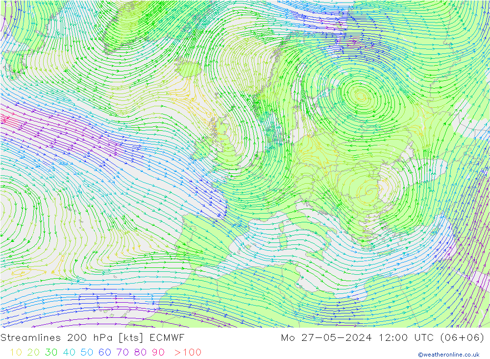 Línea de corriente 200 hPa ECMWF lun 27.05.2024 12 UTC