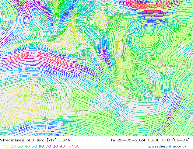 Linia prądu 300 hPa ECMWF wto. 28.05.2024 06 UTC