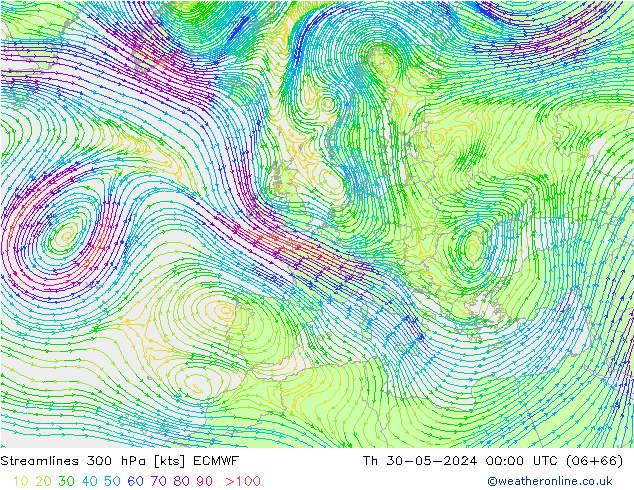 Stroomlijn 300 hPa ECMWF do 30.05.2024 00 UTC