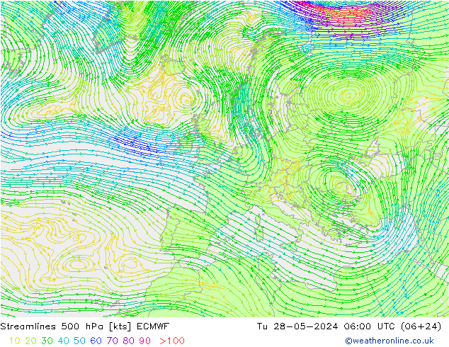 Linea di flusso 500 hPa ECMWF mar 28.05.2024 06 UTC
