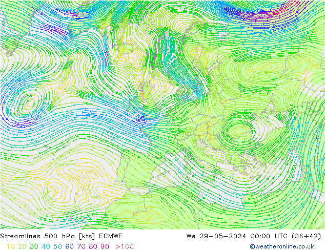 Stromlinien 500 hPa ECMWF Mi 29.05.2024 00 UTC