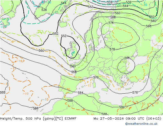 Height/Temp. 500 hPa ECMWF Mo 27.05.2024 09 UTC