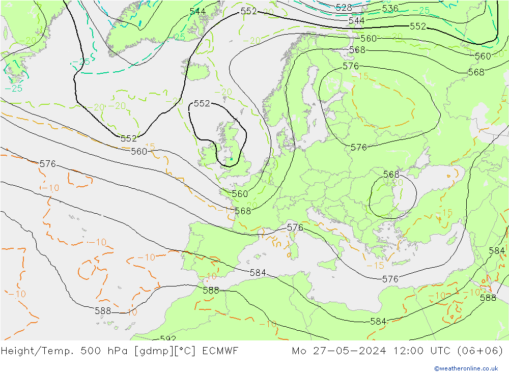 Z500/Rain (+SLP)/Z850 ECMWF Mo 27.05.2024 12 UTC